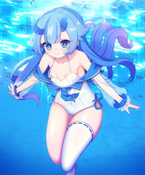 Rule 34 | 1girl, air bubble, alternate color school swimsuit, azur lane, bad id, bad pixiv id, blue horns, blunt bangs, breasts, bubble, diving, fish, freediving, hair flaps, highres, holding breath, horns, i-13 (azur lane), large breasts, ocean, one-piece swimsuit, outdoors, school swimsuit, see-through, see-through sleeves, single thighhigh, smile, submerged, sunlight, swimming, swimsuit, thick eyebrows, thighhighs, translucent horns, underwater, white one-piece swimsuit, white thighhighs, yukina (fall)