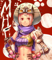 Rule 34 | 1girl, armor, asymmetrical clothes, bad id, bad pixiv id, capcom, character request, copyright name, gauntlets, gloves, goggles, hat, light smile, looking away, midriff, monster hunter, monster hunter (series), monster hunter frontier, navel, npa (sirokurokuma), orange eyes, paw print, pink hair, red background, scarf, shiny skin, short hair, solo