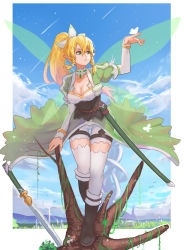 Rule 34 | 10s, 1girl, blonde hair, boots, braid, breasts, bug, butterfly, cleavage, fairy, fairy wings, green eyes, highres, insect, leafa, long hair, mizu (dl7613), pointy ears, ponytail, sword, sword art online, thighhighs, tree, twin braids, very long hair, weapon, white thighhighs, wings