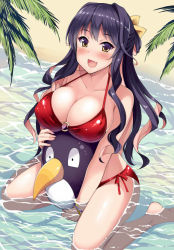 Rule 34 | 1girl, bare legs, beach, bikini, black hair, blush, breasts, cleavage, collarbone, commentary request, day, doll, fang, hair ribbon, kantai collection, kusano (torisukerabasu), large breasts, long hair, multicolored hair, naganami (kancolle), o-ring, o-ring bikini, o-ring top, open mouth, palm leaf, partially submerged, pink hair, red bikini, ribbon, sitting, smile, solo, swimsuit, two-tone hair, wariza, water, wavy hair