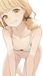 1girl all_fours barefoot blonde_hair bra braid breasts commentary fujita_kotone gakuen_idolmaster highres hiroki_(yyqw7151) idolmaster looking_at_viewer panties small_breasts smile solo twin_braids underwear underwear_only white_bra white_panties yellow_eyes