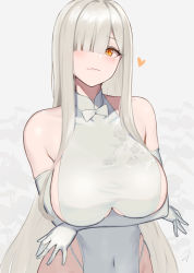 Rule 34 | 1girl, blunt bangs, breasts, closed mouth, covered navel, dress, elbow gloves, gloves, hair over one eye, hayabusa, heart, highres, large breasts, looking to the side, mole, mole under eye, orange eyes, original, smile, solo, upper body, white dress, white gloves