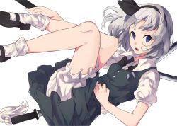 Rule 34 | 1girl, adjusting clothes, adjusting legwear, bad id, bad pixiv id, black bow, black bowtie, black footwear, black ribbon, bloomers, blue eyes, bow, bowtie, commentary request, green skirt, green vest, hair ribbon, hairband, katana, konpaku youmu, legs up, looking at viewer, lying, mary janes, on back, open mouth, puffy short sleeves, puffy sleeves, ribbon, shirt, shoes, short hair, short sleeves, silver hair, simple background, skirt, skirt set, socks, solo, sword, touhou, underwear, vest, weapon, white background, white shirt, white socks, yuusei tsukiro
