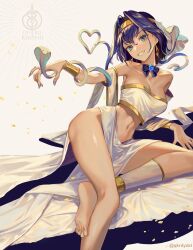 Rule 34 | 1girl, absurdres, barefoot, blue eyes, bow, bowtie, breasts, cobra (animal), cosplay, earrings, feet, foot out of frame, gold headband, grin, highres, hololive, hololive english, jewelry, legs, looking at viewer, lying, medium breasts, medusa (mythology), medusa (mythology) (cosplay), midriff, nail polish, navel, on side, ouro kronii, purple hair, purple nails, santafe99, short hair, smile, snake, soles, solo, toes, twitter username, virtual youtuber