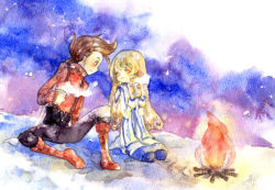Rule 34 | 00s, 1boy, 1girl, blonde hair, blush, boots, brown hair, campfire, cold, colette brunel, cup, fire, knee boots, lloyd irving, long hair, pantyhose, red shirt, shirt, tales of (series), tales of symphonia