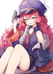 Rule 34 | 1girl, bare shoulders, black hat, black jacket, black ribbon, black shirt, blue archive, blush, breasts, cleavage, collarbone, collared shirt, crossed bangs, grey eyes, gun, hair ribbon, halo, hand up, handgun, hat, highres, holding, holding gun, holding weapon, insignia, iroha (blue archive), jacket, jacket partially removed, knees up, long hair, loose necktie, military, military jacket, military uniform, necktie, negirate, on floor, open mouth, partially unbuttoned, peaked cap, pencil skirt, petite, red hair, red necktie, ribbon, shirt, simple background, sitting, skirt, sleeveless, sleeveless shirt, small breasts, smile, solo, uniform, wavy hair, weapon, white background, wide sleeves