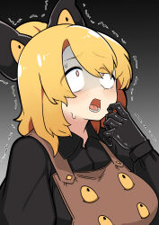 Rule 34 | 1girl, absurdres, black bow, black gloves, black shirt, blonde hair, blush, bow, breasts, brown dress, commentary request, constricted pupils, dress, extra eyes, gloves, gradient background, grey background, hair bow, hair bun, highres, kurodani yamame, large breasts, long sleeves, looking up, lower teeth only, medium hair, open mouth, pinafore dress, pink eyes, rinyamame, scared, shirt, single hair bun, sleeveless, sleeveless dress, solo, teeth, tongue, touhou, trembling, turn pale, upper body