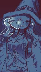 Rule 34 | 1girl, blue theme, blush, cloak, closed mouth, elden ring, extra arms, extra faces, fur cloak, hat, head tilt, highres, loen, long hair, looking at viewer, monochrome, one eye closed, own hands together, ranni the witch, smile, solo, witch hat