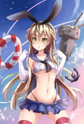 Rule 34 | 10s, 1girl, :3, anchor, ascot, bare shoulders, black panties, blonde hair, breasts, cannon, elbow gloves, gloves, hair ribbon, highleg, highleg panties, innertube, kantai collection, long hair, miniskirt, panties, rensouhou-chan, ribbon, shimakaze (kancolle), skirt, solo, striped clothes, striped thighhighs, sumapan, swim ring, thighhighs, underboob, underwear, yellow eyes