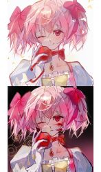 Rule 34 | 1girl, ;q, absurdres, apple, blood, blood on face, bow, bow choker, choker, collarbone, dress, empty eyes, food, frilled dress, frills, fruit, gloves, hair bow, hand up, highres, holding, holding food, holding fruit, kaname madoka, kaname madoka (magical girl), looking at viewer, magical girl, mahou shoujo madoka magica, mahou shoujo madoka magica (anime), multiple views, one eye closed, parted lips, pillarboxed, pink dress, pink eyes, pink hair, portrait, puffy sleeves, red choker, shenye moyu wang, short hair, short twintails, simple background, smile, tongue, tongue out, twintails, white background, white gloves