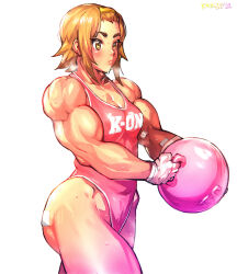 Rule 34 | alternate muscle size, artist name, bandages, biceps, brown eyes, brown hair, dated, exercising, gloves, hairband, highres, k-on!, keigi, leotard, muscular, muscular female, solo, tainaka ritsu, thick eyebrows, thick thighs, thighs, weight, weightlifting, white gloves