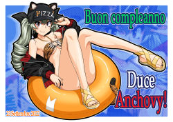 Rule 34 | 1girl, anchovy (girls und panzer), animal ears, animal print, baseball cap, bikini, blush, breasts, cleavage, closed mouth, collarbone, dated, drill hair, fake animal ears, girls und panzer, green hair, happy birthday, hat, innertube, jacket, looking at viewer, medium breasts, nail polish, oosaka kanagawa, red eyes, sandals, shiny skin, smile, solo, swim ring, swimsuit, tiger ears, tiger print, tiger stripes, track jacket, twin drills, underboob