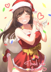 Rule 34 | 1girl, bare shoulders, blush, bow, breasts, brown hair, cleavage, dress, eyebrows hidden by hair, foot up, hat, heart, highres, holding, holding sack, idolmaster, idolmaster shiny colors, large breasts, long hair, pepeo, red dress, red hat, sack, santa costume, santa dress, santa hat, shoes, simple background, smile, socks, solo, strapless, strapless dress, tsukioka kogane, white socks