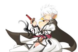 Rule 34 | &gt;;(, 10s, 1girl, asymmetrical sleeves, bandaged arm, bandages, black cape, blush, breasts, cape, cleavage, cowboy shot, darkness, frown, high collar, highres, jacket, jewelry, katana, large breasts, long sleeves, looking at viewer, miyabi (senran kagura), necklace, official style, puffy short sleeves, puffy sleeves, sash, scabbard, senran kagura, senran kagura shinovi versus, sheath, sheathed, short hair, short sleeves, solo, sword, tenpesuto, uneven sleeves, v-shaped eyebrows, weapon, white background, white hair, white jacket, yellow eyes