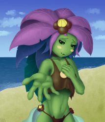 Rule 34 | 1girl, absurdres, armpits, artist name, beach, bikini, black eyes, blue sky, blush, breasts, brown bikini, brown panties, cloud, cloudy sky, collarbone, colored skin, day, fangs, floran, green skin, groin, half-closed eyes, hand on own chest, highres, klifflod, leaf, looking to the side, monster girl, navel, nervous smile, ocean, open mouth, outdoors, panties, plant girl, plant hair, purple hair, sand, self-upload, shirt, sky, smile, solo, starbound, swimsuit, tankini, underwear