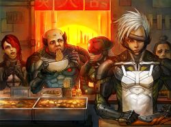 Rule 34 | 1girl, 4boys, apron, bald, barcode, barcode tattoo, black hair, blindfold, bowl, brazil, breasts, cellphone, chopsticks, cooking, cyborg, eating, closed eyes, food, hair over one eye, head tilt, looking at another, mask, metal gear (series), metal gear rising: revengeance, mistral (metal gear rising), monsoon (metal gear rising), multiple boys, noodles, phone, raiden (metal gear), red hair, samuel rodrigues, scar, skyline, smile, sun, sundowner (metal gear rising), tattoo, white hair, yakisoba