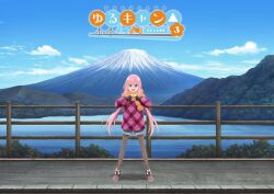 Rule 34 | 1girl, absurdres, blue eyes, blue sky, cloud, fence, fingerless gloves, full body, gloves, highres, kagamihara nadeshiko, lake, long hair, long sleeves, looking at viewer, mount fuji, mountain, official art, open mouth, outdoors, pantyhose, pink hair, promotional art, scarf, shoes, short shorts, shorts, sidewalk, sky, smile, solo, standing, title, triangle hands, winter clothes, yurucamp