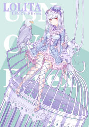 Rule 34 | 1girl, absurdres, alternate costume, anotoki ashi, bell mccamp (warship girls r), bird, birdcage, blank stare, blue hat, blue jacket, blunt bangs, bow, cage, character name, closed mouth, dress, eagle, empty eyes, essex (warship girls r), fishnet thighhighs, fishnets, flower, frilled dress, frilled hat, frilled jacket, frills, green background, hair over shoulder, hair ribbon, hand on bar-shaped object, hat, hat flower, highres, jacket, lolita fashion, long hair, long twintails, looking down, mini hat, no shoes, open hand, pink bow, purple dress, purple flower, purple hair, purple ribbon, red eyes, ribbon, see-through, simple background, sitting, sitting on object, thighhighs, too many, too many frills, top hat, warship girls r