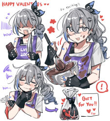 Rule 34 | 1girl, :d, apron, arrow (symbol), bare shoulders, black bow, blue hair, bow, candy, chocolate, chocolate bar, collarbone, crossed arms, crossed bangs, drill hair, drill ponytail, earclip, emne, english text, flying sweatdrops, food, gift bag, gradient hair, grey hair, hair bow, hand on own chin, happy valentine, heart, holding, holding chocolate, holding food, holding knife, holding whisk, honkai: star rail, honkai (series), knife, looking at viewer, mixing, mixing bowl, multicolored hair, multiple views, open mouth, purple apron, shirt, sidelocks, silver wolf (honkai: star rail), simple background, smile, squiggle, stained clothes, thinking, v-shaped eyebrows, whisk, white background, white shirt