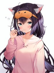 Rule 34 | 1girl, animal ear fluff, animal ears, black hair, blush, brushing teeth, cat ears, cat girl, closed mouth, collarbone, commentary request, green eyes, highres, kanda done, karyl (princess connect!), long hair, long sleeves, looking at viewer, multicolored hair, pajamas, princess connect!, sleep mask, solo, streaked hair, toothbrush, two-tone hair, upper body, very long hair, white hair