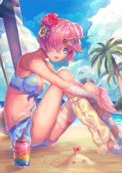 Rule 34 | 1girl, absurdres, bandaged arm, bandaged leg, bandages, beach, bikini, bikini skirt, blue bikini, blue eyes, blue skirt, blue sky, breasts, cleavage, cloud, day, fate/grand order, fate (series), flower, frankenstein&#039;s monster (fate), frankenstein&#039;s monster (swimsuit saber) (fate), frankenstein&#039;s monster (swimsuit saber) (second ascension) (fate), from side, hair over one eye, hibiscus, highres, huge filesize, looking at viewer, medium breasts, miniskirt, ocean, open mouth, outdoors, palm tree, pink hair, raymond busujima, red hair, short hair, sideboob, single thighhigh, sitting, skirt, sky, solo, sunlight, swimsuit, thighhighs, tree, yellow thighhighs