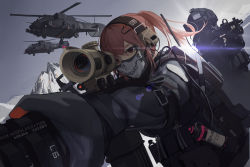 Rule 34 | 1girl, absurdres, aiming, aircraft, assault rifle, balaclava, battle rifle, black soldier, bulletproof vest, cable, elbow pads, explosive, gloves, goggles, grenade, gun, headphones, helicopter, helmet, highres, holding, holding gun, holding weapon, load bearing vest, long sleeves, mask, mountain, mouth mask, original, outdoors, pocket, ponytail, pouch, red eyes, rifle, short hair, sky, weapon