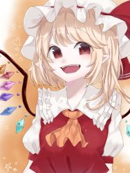 Rule 34 | 1girl, :d, ascot, blonde hair, blush, commentary request, crystal, esatongi, fangs, flandre scarlet, frilled shirt collar, frills, gradient background, hat, hat ribbon, heart, long hair, looking at viewer, mob cap, one side up, open mouth, orange background, pointy ears, puffy short sleeves, puffy sleeves, red eyes, red ribbon, red vest, ribbon, shirt, short sleeves, smile, solo, star (symbol), touhou, upper body, vest, white background, white hat, white shirt, wings, yellow ascot