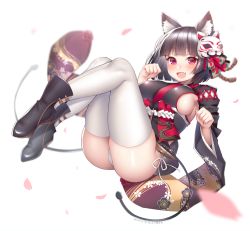Rule 34 | 1girl, :d, animal ears, artist name, azur lane, black footwear, black hair, black kimono, blurry, blush, boots, breasts, cat ears, cat mask, cat tail, dated, depth of field, fang, hair ornament, hattori masaki, japanese clothes, kimono, large breasts, legs together, mask, mask on head, obi, open mouth, panties, petals, purple eyes, sash, short hair, sideboob, smile, solo, tail, thighhighs, thighs, underwear, white panties, white thighhighs, yamashiro (azur lane)