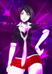 Rule 34 | 1girl, alternate costume, black hair, black shirt, blood, blood on arm, blood on breasts, blood on chest, blood on clothes, blood on hands, blood on leg, blood on thighs, blood on wall, bra, breasts, button, cleavage, collarbone, collared shirt, cosplay, cowboy shot, danganronpa: trigger happy havoc, danganronpa (series), enoshima junko, enoshima junko (cosplay), eyebrows hidden by hair, eyeshadow, freckles, grey eyes, hand on own hip, hand tattoo, ikusaba mukuro, impersonation, japanese text, looking at viewer, makeup, medium breasts, miniskirt, necktie, neckwear request, open mouth, pale skin, parted lips, pink blood, pink eyeshadow, pink lips, plaid, plaid necktie, plaid skirt, pleated skirt, pursed lips, red button, red skirt, shirt, short hair, skirt, solo, somei (somei 446), tattoo, teeth, translation request, underwear, upper body, upper teeth only, white necktie