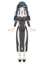 Rule 34 | 1girl, ^ ^, absurdres, amano nene (vtuber), bandaged arm, bandages, black dress, black footwear, black hair, blue eyes, blush, breasts, cleavage, closed eyes, commentary, detached sleeves, dress, english commentary, habit, halo, high heels, highres, medium hair, nun, official art, open mouth, production kawaii, smile, solo, twintails, virtual youtuber, white background, yukiunag1
