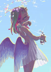 Rule 34 | 1girl, back, backless dress, backless outfit, blue background, blue eyes, bottle, cowboy shot, dress, feathered wings, gradient background, grey hair, halo, highres, holding, holding bottle, jonpei, long hair, looking back, low wings, multicolored hair, original, pink hair, see-through, solo, sparkle, two-tone hair, water bottle, wet, white dress, white wings, wings