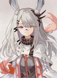 Rule 34 | 1girl, animal ear fluff, animal ears, arknights, armband, black scarf, breasts, brown background, closed mouth, commentary, frostnova (arknights), grey eyes, grey hair, grey shirt, hair ornament, hair over one eye, jacket, long hair, looking at viewer, medium breasts, rabbit ears, rabbit girl, scar, scar on face, scar on nose, scarf, shirt, simple background, smile, solo, touchika, white jacket