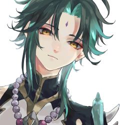 Rule 34 | 1boy, aqua hair, armor, bead necklace, beads, black hair, commentary request, facial mark, forehead mark, genshin impact, gradient hair, highres, jewelry, looking at viewer, male focus, multicolored hair, necklace, portrait, shiraishi (siraisi00), simple background, solo, spikes, white background, xiao (genshin impact), yellow eyes
