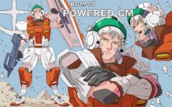 Rule 34 | 1boy, 8823, armor, black gloves, character name, cropped torso, crossed arms, full body, gloves, green eyes, grey hair, gun, gundam, gundam 0083, highres, holding, holding gun, holding weapon, humanization, light smile, looking ahead, looking at viewer, male focus, mecha danshi, multiple views, open mouth, power armor, powered gm, shield, standing, upper body, weapon