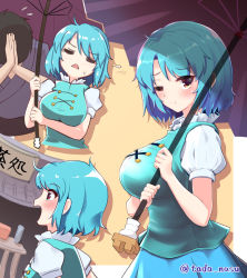 Rule 34 | 1boy, 1girl, ;t, aqua vest, artist name, black hair, blue hair, blue skirt, blush, border, breasts, closed eyes, commentary request, cowboy shot, cropped torso, d:, drop shadow, flying sweatdrops, from side, grey kimono, hands up, heart, highres, holding, holding umbrella, japanese clothes, kimono, large breasts, looking at viewer, multiple views, one eye closed, open mouth, outside border, palms together, puffy short sleeves, puffy sleeves, red eyes, shirt, short hair, short sleeves, sidelocks, simple background, skirt, standing, sweat, tada no nasu, tan background, tatara kogasa, touhou, translation request, twitter username, umbrella, upper body, white border, white shirt