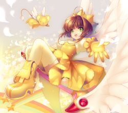 Rule 34 | 1990s (style), 1girl, :d, blush, brown hair, cardcaptor sakura, dress, fuuin no tsue, gloves, green eyes, hat, kero (cardcaptor sakura), kinomoto sakura, looking at viewer, magical girl, momoshiki tsubaki, open mouth, outstretched arm, petals, retro artstyle, short hair, smile, solo, thighhighs, twintails, wand, wings, yellow gloves