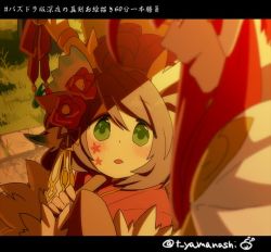 Rule 34 | 1boy, 1girl, ahoge, anime coloring, antlers, bad id, bad pixiv id, bell, blurry, blush, brown hair, depth of field, facial mark, flower, fur trim, grass, green eyes, hair flower, hair ornament, hair up, holding, horn ornament, horn ribbon, horns, japanese clothes, jingle bell, kano (p&amp;d), kimono, long hair, looking at another, looking up, oil-paper umbrella, open mouth, outdoors, puzzle &amp; dragons, red eyes, red hair, ribbon, short hair, takeminakata (p&amp;d), translation request, twitter username, umbrella, yamanashi taiki