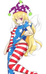 Rule 34 | 1girl, american flag, american flag dress, american flag legwear, american flag shirt, blonde hair, blush stickers, clownpiece, eila yagyu, flag print, frilled shirt collar, frills, grin, hat, jester cap, long hair, looking at viewer, naughty face, neck ruff, pantyhose, purple eyes, purple hat, simple background, sketch, smile, solo, touhou, white background, wings