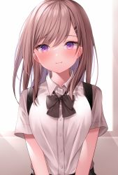 Rule 34 | 1girl, black bow, blush, bow, breasts, brown hair, closed mouth, collared shirt, commentary request, dress shirt, hair between eyes, hair ornament, hairclip, highres, indoors, komomo (ptkrx), long hair, looking at viewer, medium breasts, original, purple eyes, shirt, short sleeves, smile, solo, suspenders, upper body, white shirt, window