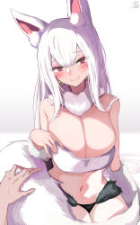 Rule 34 | 1girl, 1other, absurdres, animal ears, blush, breasts, cleavage, closed mouth, dated, earrings, fox ears, fox girl, fox tail, fur collar, hair between eyes, highres, jewelry, large breasts, long hair, looking at viewer, navel, original, purple eyes, sidelocks, signature, smile, tail, textless version, white hair, yuzuki himuka