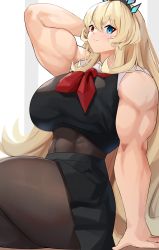 Rule 34 | 1girl, abs, absurdres, arm behind head, arm up, bare shoulders, biceps, black shirt, black skirt, blonde hair, blue eyes, bodystocking, breasts, brown pantyhose, covered navel, cromwellb, crop top, barghest (fate), fate/grand order, fate (series), heterochromia, highres, horns, large breasts, long hair, looking at viewer, muscular, muscular female, neckerchief, pantyhose, ponytail, red eyes, red neckerchief, sailor collar, shirt, sitting, skirt, sleeveless, sleeveless shirt, solo, thick thighs, thighs