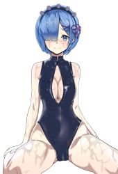Rule 34 | 10s, 1girl, b:ga, bad id, bad pixiv id, black one-piece swimsuit, blue eyes, blue hair, breasts, cleavage, cleavage cutout, clothing cutout, front zipper swimsuit, hair ornament, hair over one eye, hair ribbon, highleg, highleg swimsuit, highres, looking at viewer, meme attire, one-piece swimsuit, pink ribbon, re:zero kara hajimeru isekai seikatsu, red ribbon, rem (re:zero), ribbon, short hair, sitting, solo, swimsuit, turtleneck, wariza, wet, wet clothes, wet swimsuit, x hair ornament