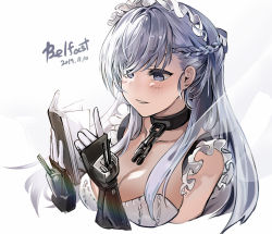 Rule 34 | 1girl, azur lane, bad id, bad pixiv id, bare shoulders, belfast (azur lane), blue eyes, blush, braid, breasts, chain, character name, cleavage, collar, collarbone, dated, elbow gloves, french braid, gauntlets, gloves, holding, holding notebook, large breasts, long hair, maid, maid headdress, md5 mismatch, notebook, open mouth, resolution mismatch, side braid, sidelocks, silver hair, simple background, smile, solo, suru (ksoo420), white background, white gloves
