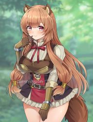 Rule 34 | 1girl, absurdres, animal ears, arm guards, belt, belt buckle, blunt bangs, breasts, brown hair, buckle, cowboy shot, dress, finger to mouth, frilled dress, frills, gloves, hair between eyes, highres, jirafuru, lace-up top, large breasts, leather, leather gloves, long hair, long sleeves, looking at viewer, multicolored clothes, multicolored dress, neck ribbon, outdoors, popped collar, raccoon ears, raccoon girl, raccoon tail, raphtalia, red eyes, red ribbon, ribbon, short dress, sidelocks, smile, solo, tail, tate no yuusha no nariagari