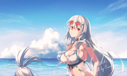 Rule 34 | 1girl, absurdly long hair, arknights, blue sky, breasts, cleavage, closed mouth, eva (puyi), eyewear on head, highres, long hair, looking at viewer, medium breasts, seafloor, official alternate costume, one-piece swimsuit, red eyes, silver hair, skadi (arknights), skadi (waverider) (arknights), sky, solo, sunglasses, swimsuit, upper body, very long hair, water, white one-piece swimsuit