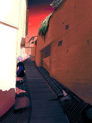 Rule 34 | 00s, 1girl, alley, cat, darker than black, dress, female focus, highres, matsumoto ryou, outdoors, ponytail, scenery, sky, solo, walking, yin (darker than black)