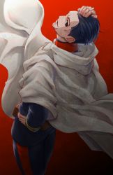 Rule 34 | 1boy, arm up, black eyes, black hair, blue jacket, blue pants, cape, facial scar, from behind, golden kamuy, hand on own head, hand on own hip, head tilt, jacket, leaning back, long sleeves, looking at viewer, looking back, looking to the side, male focus, ogata hyakunosuke, open mouth, pants, red background, scar, scar on cheek, scar on face, short hair, solo, soraao0322, white cape