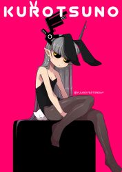 1girl animal_ears artist_name black_horns black_leotard black_pantyhose black_sclera blunt_bangs breasts character_name cleavage closed_mouth colored_sclera demon_girl demon_horns dot_nose earrings expressionless fake_animal_ears fake_tail funamusea grey_hair grey_horns highres horn_piercing horns jewelry jitome kurotsuno leotard long_hair looking_to_the_side pantyhose pink_background playboy_bunny pointy_ears rabbit_ears rabbit_tail redscarfy simple_background sitting small_breasts solo strapless strapless_leotard sutare_yume tail yellow_eyes