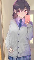 Rule 34 | 1girl, black hair, blouse, blue neckwear, blue shirt, blue skirt, blush, cardigan, cellphone, collared shirt, commentary request, earrings, grey cardigan, hair between eyes, hand up, highres, holding, holding phone, indoors, jewelry, long hair, long sleeves, looking at viewer, original, parted lips, phone, plaid, plaid skirt, pleated skirt, red eyes, shirt, skirt, sleeves past wrists, solo, standing, stud earrings, tomozero, white shirt