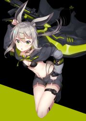 Rule 34 | 1girl, :o, absurdres, animal ears, armpit peek, bad id, bad pixiv id, black bra, black cape, black choker, black footwear, black shorts, bra, breasts, cape, choker, cleavage, fang, full body, gluteal fold, green eyes, groin, gun, hair ornament, hairclip, hand up, highleg, highres, holding, holding sword, holding weapon, ichiren namiro, leaning forward, legs up, long hair, looking at viewer, navel, open fly, open mouth, original, rabbit ears, rabbit tail, shoes, short shorts, shorts, silver hair, small breasts, solo, stomach, sword, tail, thigh strap, thighs, underwear, weapon, x hair ornament